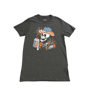 Party Time Skeleton Graphic Tee Mens Small Gray Skull USA Hat Shirt